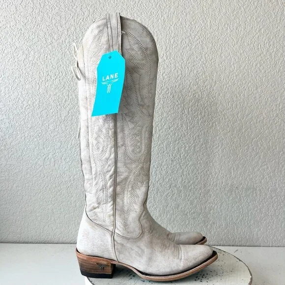 Lane MONICA Knee High Womens Cowboy Boots 6.5 White Western Cowgirl Lace Up EUC - Picture 2 of 12